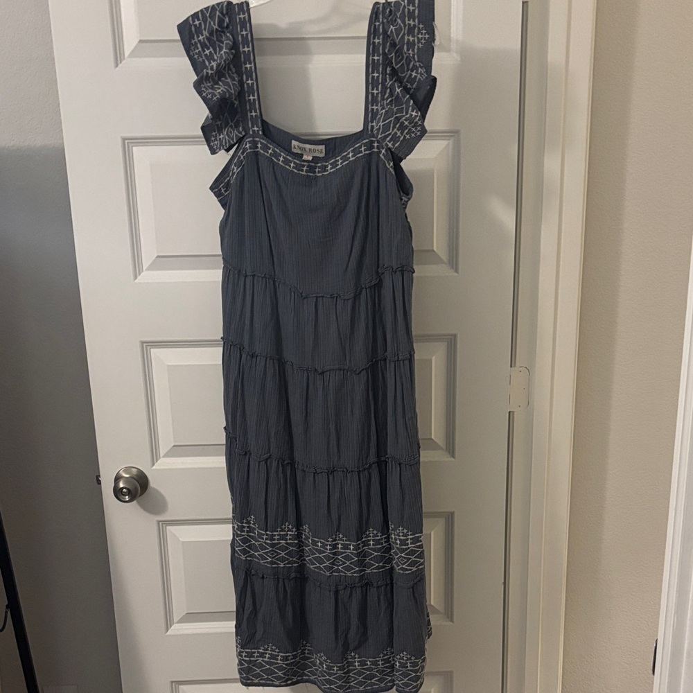 Knox Rose Blue Steel Shore embroidered tiered midi dress SZ L Cotton Blend Boho